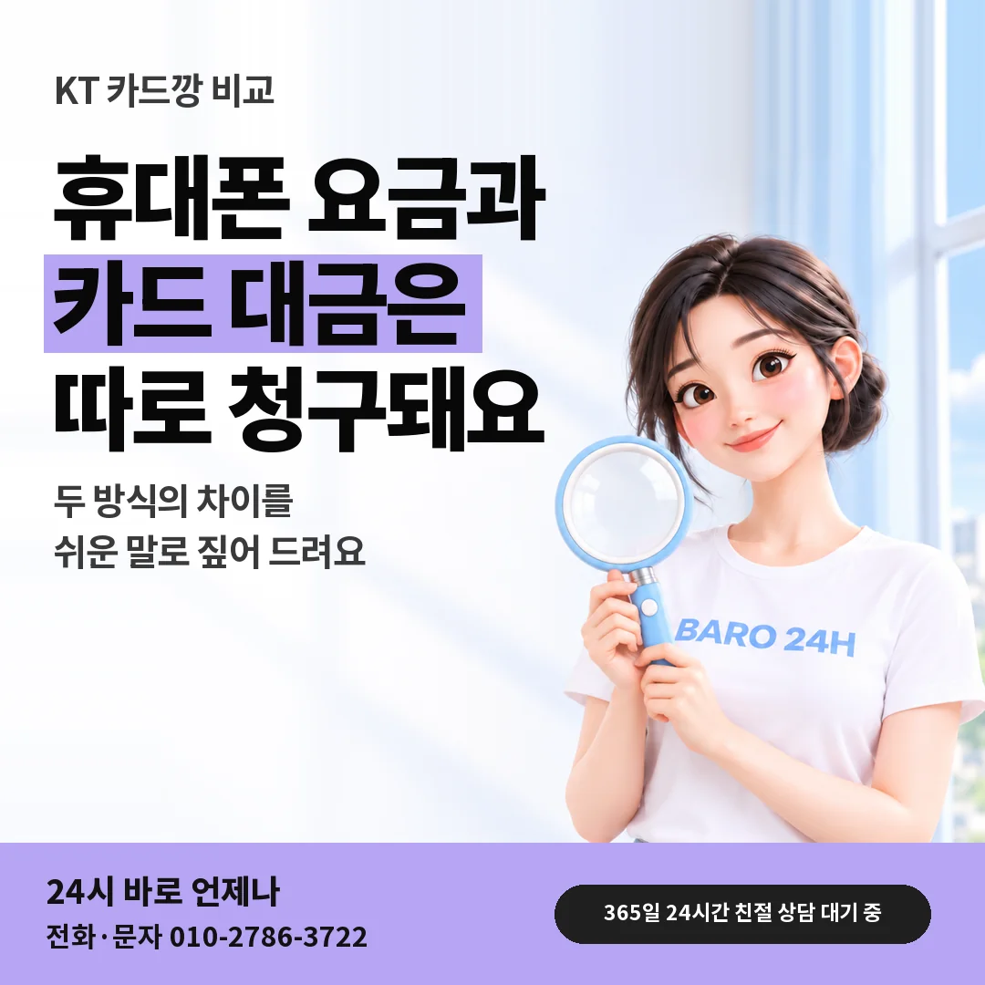 돋보기를 든 BARO 24H 티셔츠를 입은 3D 인물 옆에 「KT 카드깡과 비교하기」 제목을 얹은 안내 카드