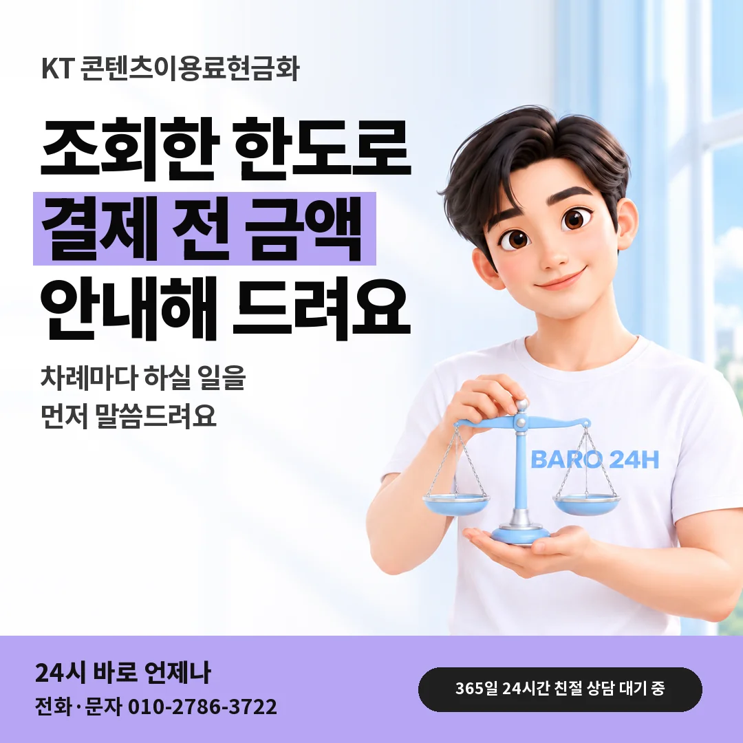 저울을 든 BARO 24H 티셔츠를 입은 3D 인물 옆에 「KT 컨텐츠이용료현금화 순서」 제목을 얹은 안내 카드